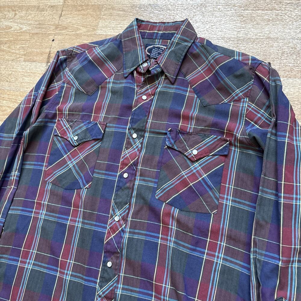 WB Western Wear Shirt Mens M Tall Red Blue Pearl Snap Plaid Cowboy Rodeo Vintage